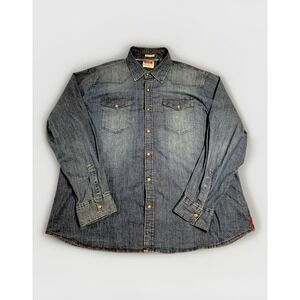 Wrangler Pearl Snap Shirt Mens 2XL Flex For Comfort Blue Denim Chambray Workwear